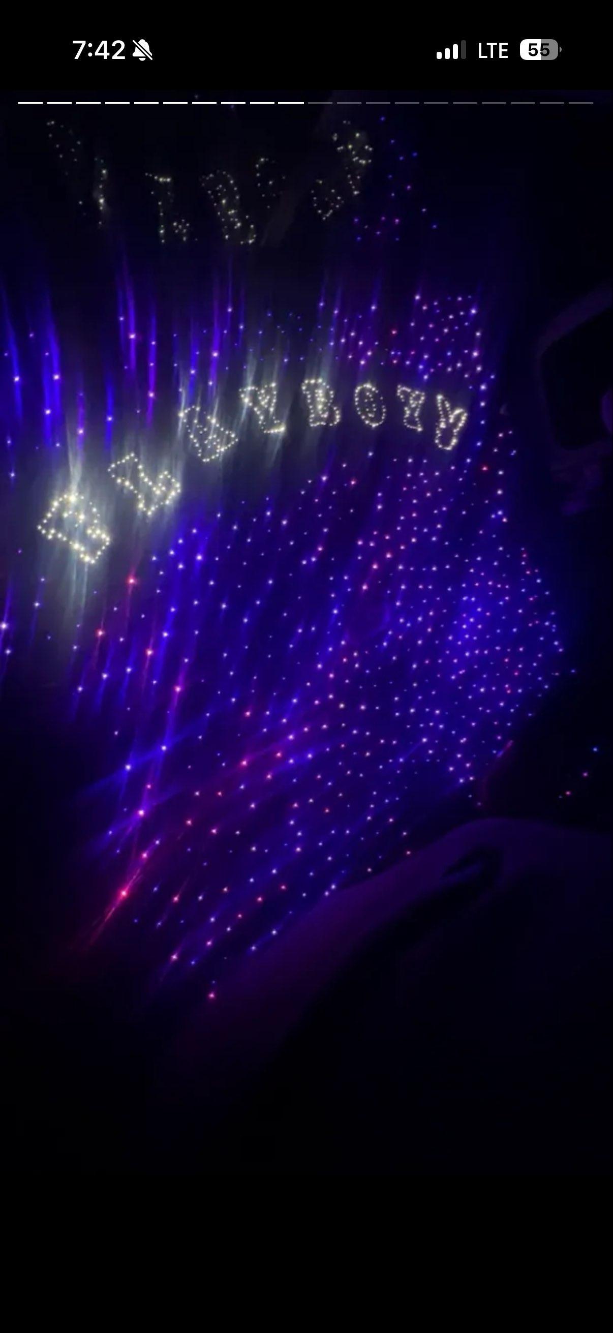 Custom name spelled out in stars across a starlight headliner